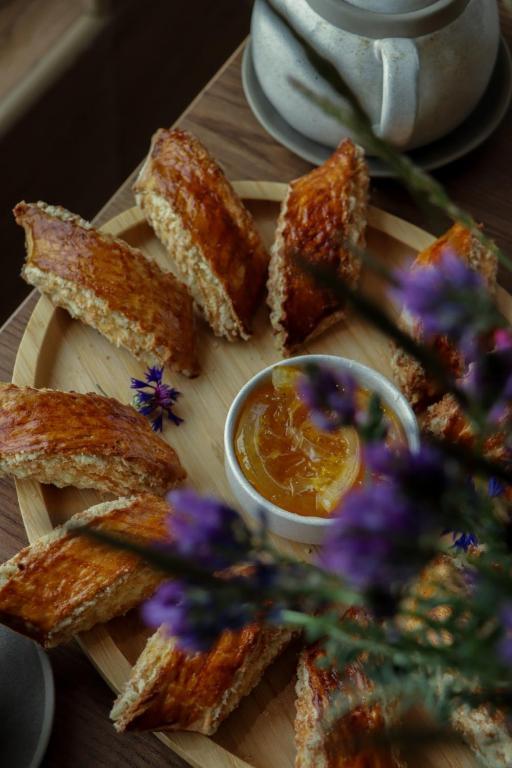 Breakfast spread, overhead view