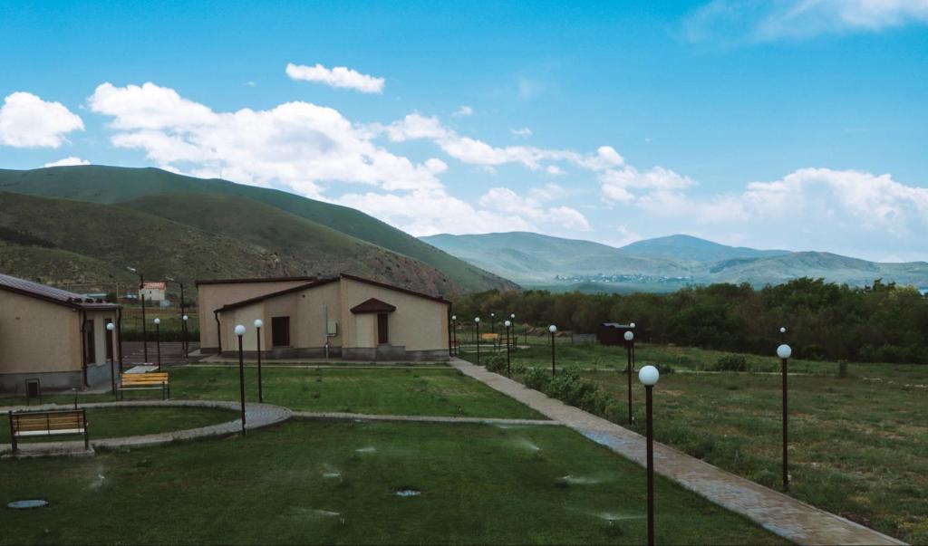 Resort grounds with mountain views